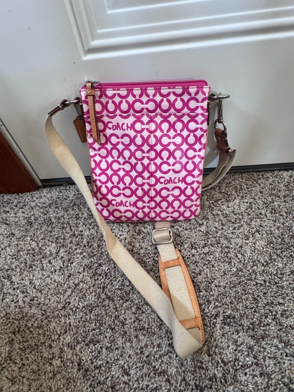 COACH Pink Signature Print Crossbody Bag with Canvas Strap - Picture 2 of 4